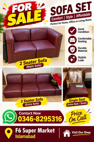 Maroon Sofa Set for Sale – 2 Seater, 3 Seater & Single Seat | F-6 Isl