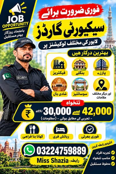 Security Guards Required in Lahore | Salary 30,000–42,000 | Male Staff