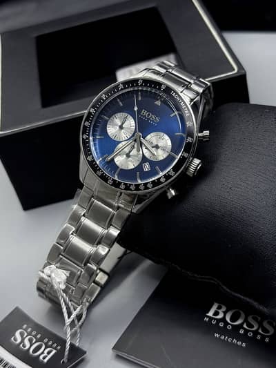 *HUGO BOSS*  STAINLESS STEEL SILVER BRACELET BLUE DIAL Men watch