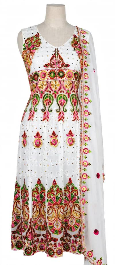 white multi colour heavy bridel maxi green pink goldan embroidery work
