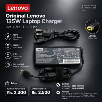 Original Lenovo 135W Laptop Charger (20V 6.75A) USB Pin