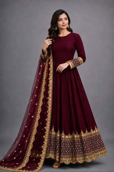 Maroon Embroidered 3 Piece Maxi Dress with Dupatta