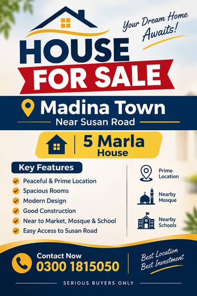5 MARLA HOUSE FOR SALE MADINA TOWN NEAR SUSAN ROAD