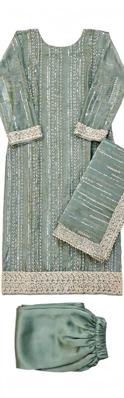 went green full shisha silk & katdana work three piece heavy kardana