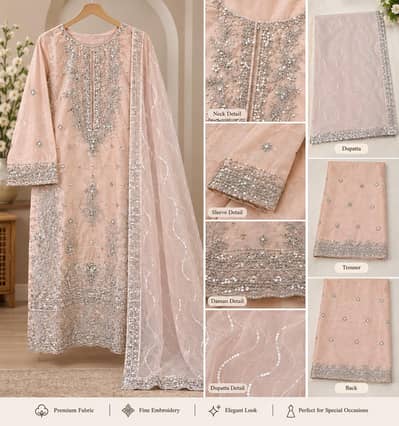 Elegant Peach Silver Embroidered 3-Piece Party Wear Suit
