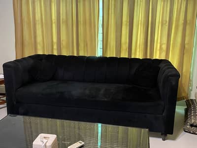 Black Velvet Sofa Set – 6 Seater + Center Table + setti
