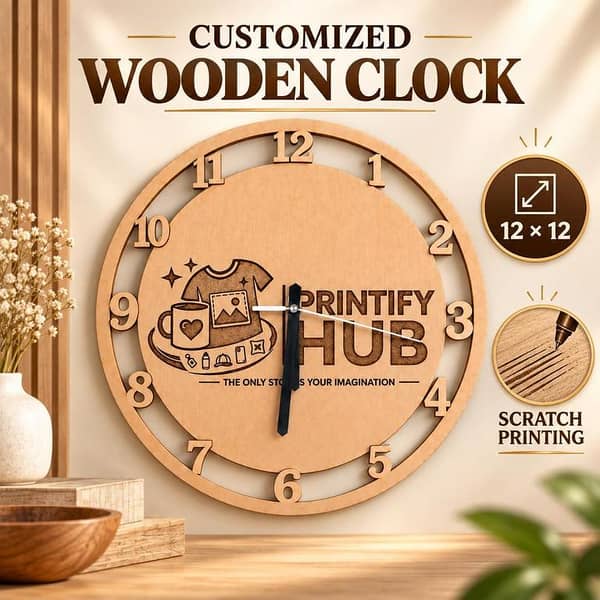 Personalised Wooden Wall Clock 12×12 Inch with Custom Photo, Logo & Scratch Printing
