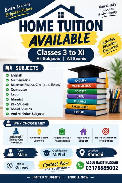 HOME TUTION AVAILABLE WITH REASONABLE FEES