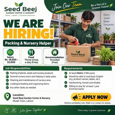 Packing &  Nursery Helper Requried - Model  Town Lahore