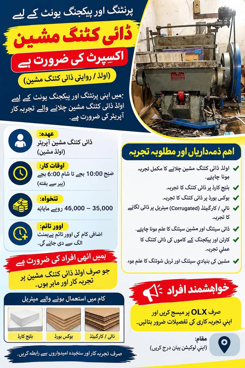 DIE CUTTING MACHINE OPERATOR – EXPERT REQUIRED 0