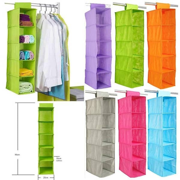 RN Closet Organizer Hanging Storage Bag, 5/6-Layer Foldable Wardrobe Shelf (Non-Woven Fabric, 20×30×90 cm), Pink Brown