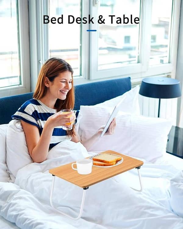 Laptop Table for Bed – Adjustable Portable Iron Desk with Wooden Tray and Foldable Legs