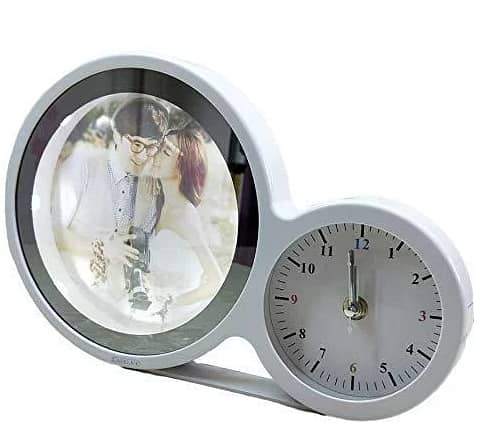 RN White Magic Mirror Photo Frame with LED Light, Clock and Multi-function