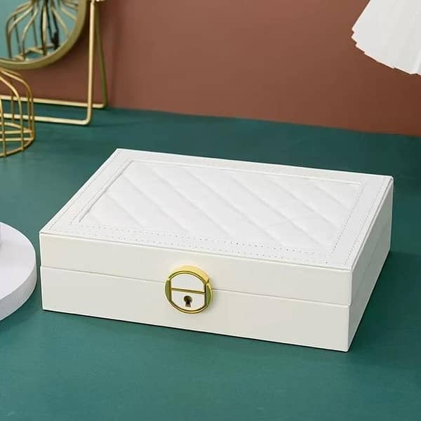 RN Jewelry Organizer Box Leather with Golden Handles – Compartments for Necklaces, Earrings, Rings and Watches