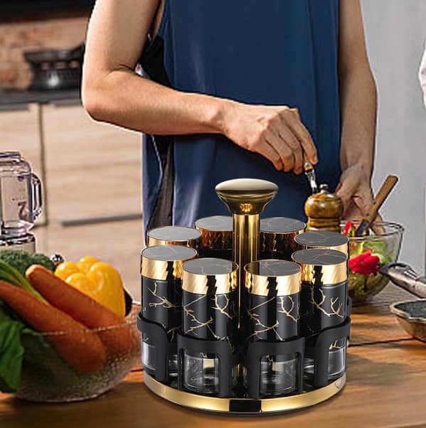 RN  Spice Jar Set Glass Rotating Kitchen Seasoning Bottles, Food-Safe Condiment Containers with Golden Accents, Spice Rack