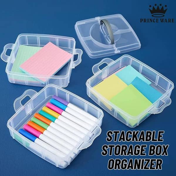 RN Stackable Storage Box Organizer with 3 Compartments or Handles / Transparent, adjustable inserts