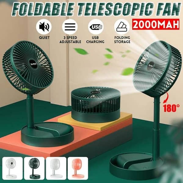 RXN USB Rechargeable Folding Fan: Compact Pedestal, 3 Speeds, 3000mAh Battery for Home, Office and Camping