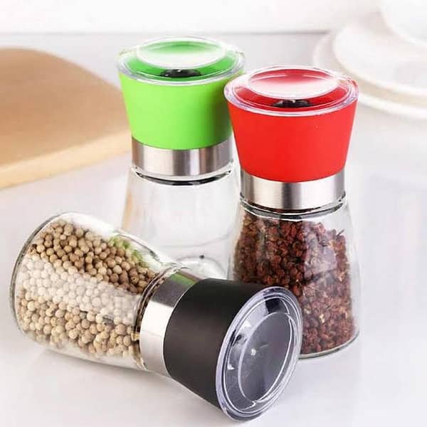 RN Glass Pepper Grinder and Salt Mill with Shaker, Condiment Jar Holder