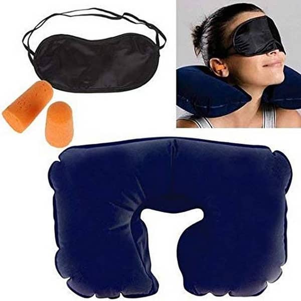 MTJ 3-in-1 Air Travel Kit: Tourist Neck Pillow, Eye Mask, Sleep Rest Shade and Ear Plugs