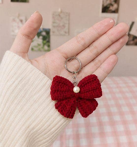 Handmade Crochet Butterfly Bow Keychain with Pearl Center — Knitted Bag Charm for Girls and Women