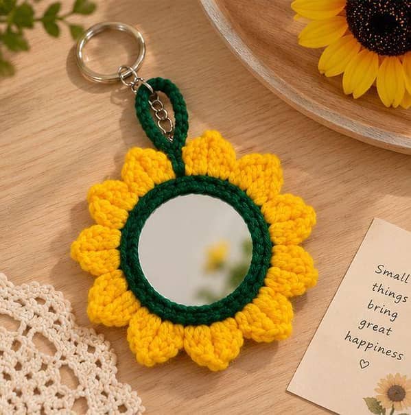 Crochet Sunflower Mini Mirror Keychain | Handmade Flower Pocket Mirror for Bags