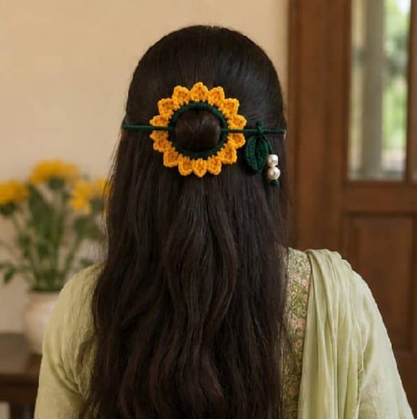 Handmade Crochet Sunflower Bun Stick | Floral Hair Accessory for Girls and Women