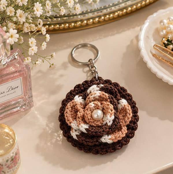 Handmade Crochet Rose Round Mirror Keychain by [Brand/Model Name], Mini Pocket Charm for Bags and Keys