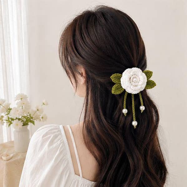 Handmade Crochet White Rose Hair Clip with Pearl Tassels by Korean Style – Alligator Clip for Girls & Women