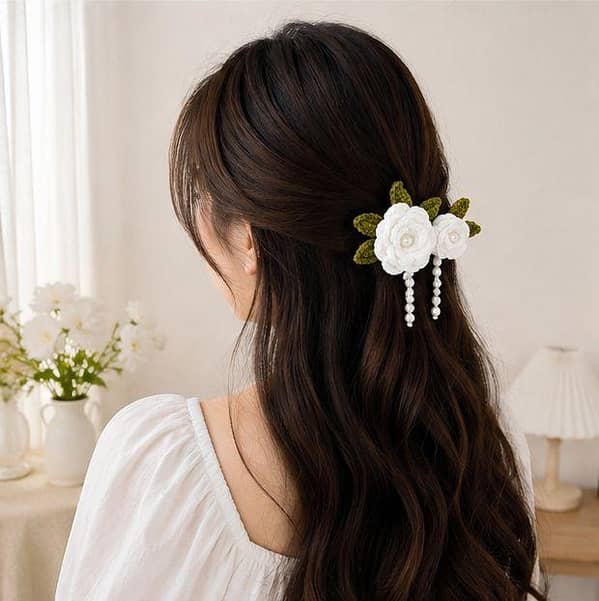 Handmade Crochet Rose Hair Clip with Pearl Beads, Green Leaves, and Hanging Pearls | Korean Style Floral Hair Barrette