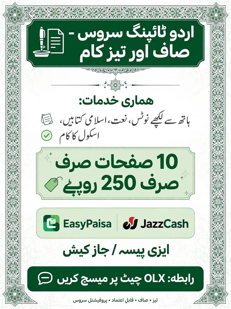 اردو ٹائپنگ سروس - صاف اور تیز کام - 10 صفحات 250 روپے 0