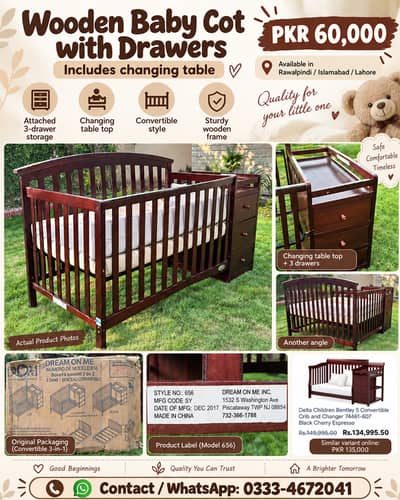 Wooden baby crib with drawers