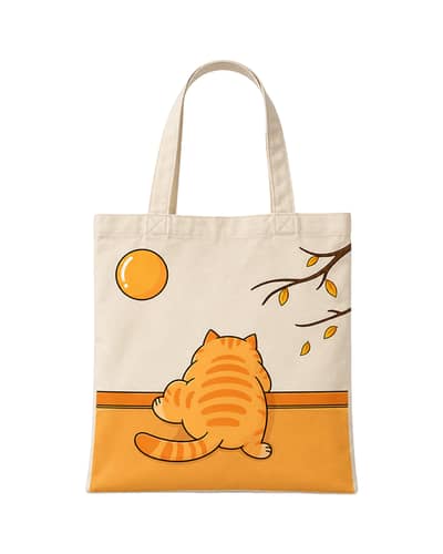 Golden Cat Canvas Tote Bag – Beige Printed Tote for Girls & Everyday