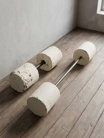 Home Gym Setup: Concrete Dumbbell Pair + Long Barbell Bar