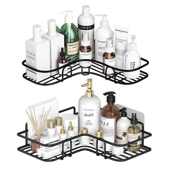 Full Metal Bathroom and Kitchen Accessory: Punch Corner Frame Shower Shelf, Wrought Iron Shampoo Storage Rack Holder