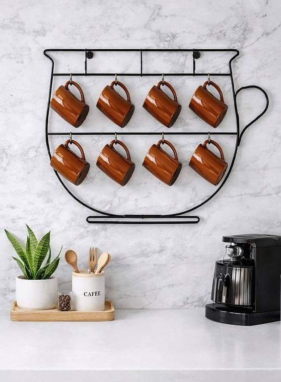 Wall Mounted Cup Shape Mug Holder – 8 Hooks Iron Coffee Cup Rack for Kitchen & Café Decor