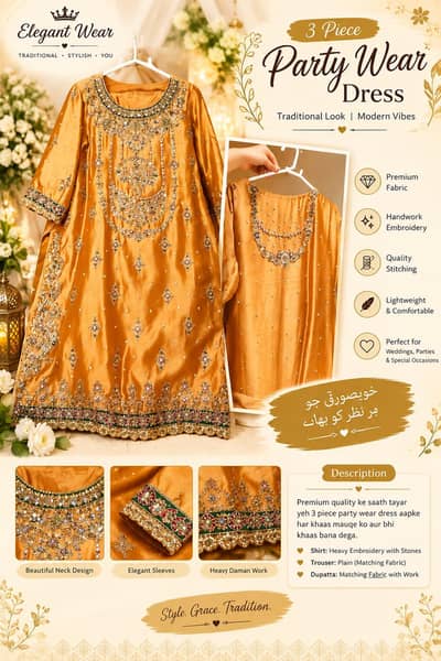 Beautiful 3 Piece Party Wear Dress | Heavy Embroidery & Stone Work
