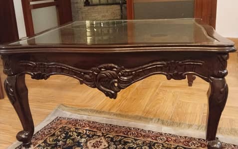 Traditional Chinioti Hand-Carved Wooden Center Table with 2 Matching