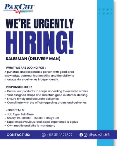 Urgently Hiring Retail Salesman (Deliveryman)