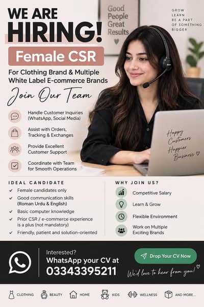 NEED FEMALE CSR FOR ONLINE CLOTHING BRAND.