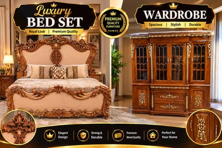  Royal Bed Set with Stylish Wardrobe | Elegant Bedroom Furniture