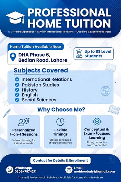 Mphil Home tutor DHA phase 6 bedian Road lahore