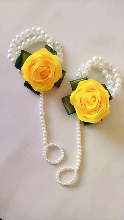 Handmade Pearl Hand Chain with Ribbon Rose ~ 1 pair