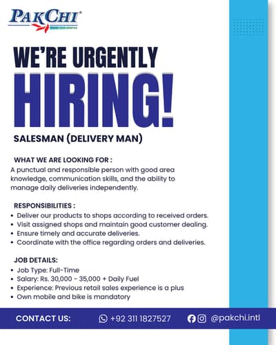 Urgently Hiring Retail Salesman (Deliveryman)