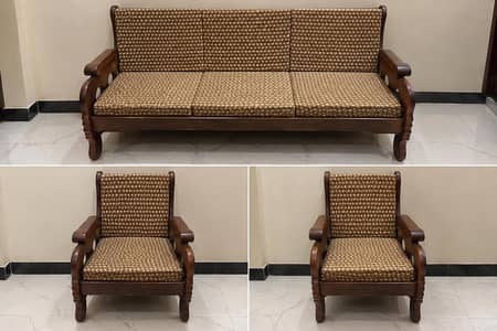 Solid Wooden Sofa Set | 3 Seater + 2 Single Chairs | Strong & Durable