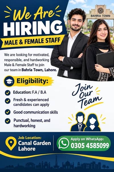 Male & Female StaffRequired – Canal garden Lahore