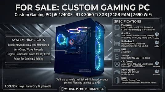 gaming pc  i5 12400F/RTX 3060 Ti 8GB/24GB RAM /1TB NVMe /Z690 WiFi