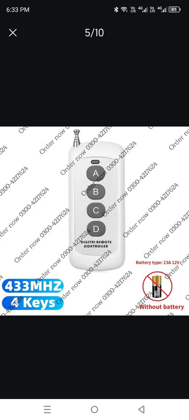 Universal 433MHZ Wireless switch Remote Controller 4 Channel 6
