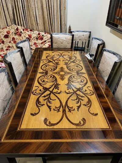 Dining Table - 8 Seater Wooden Dining Table - Glass Top For Sale
