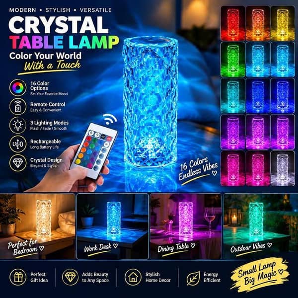 16 Colors Diamond Rose Crystal Touch Lamp | USB Rechargeable Bedside Lamp with Remote