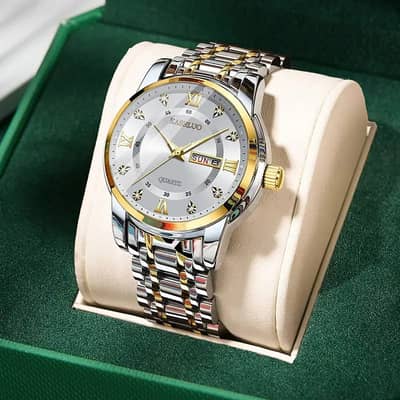 Luxury Men’s Analog Watch – Silver & Gold Two-Tone Bracelet with Roman